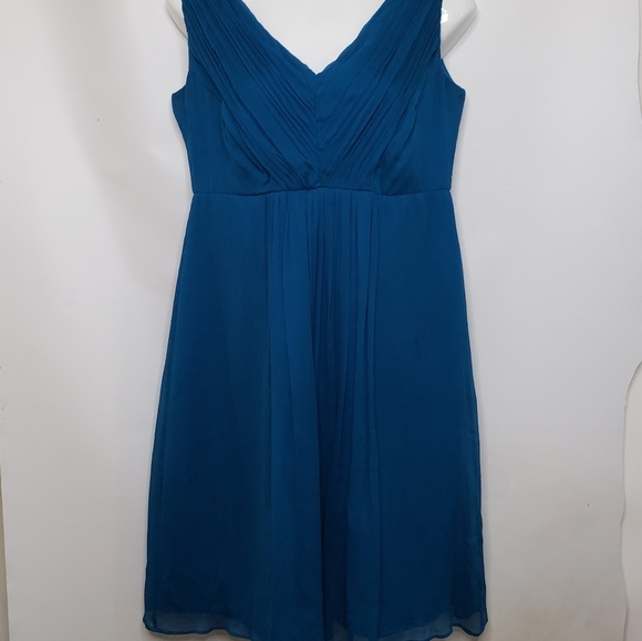 J Crew Silk Dress Lined V Neck Back Sleeveless Teal Blue Size 12 Petite - Picture 2 of 15